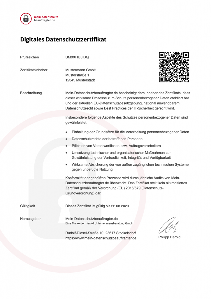 Digitales Datenschutzzertifikat von Mein-Datenschutzbeauftragter.de